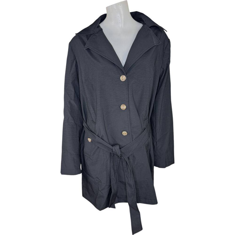 Dennis Basso Regular‎ Water Resistant Trench Coat with Hood Black Large